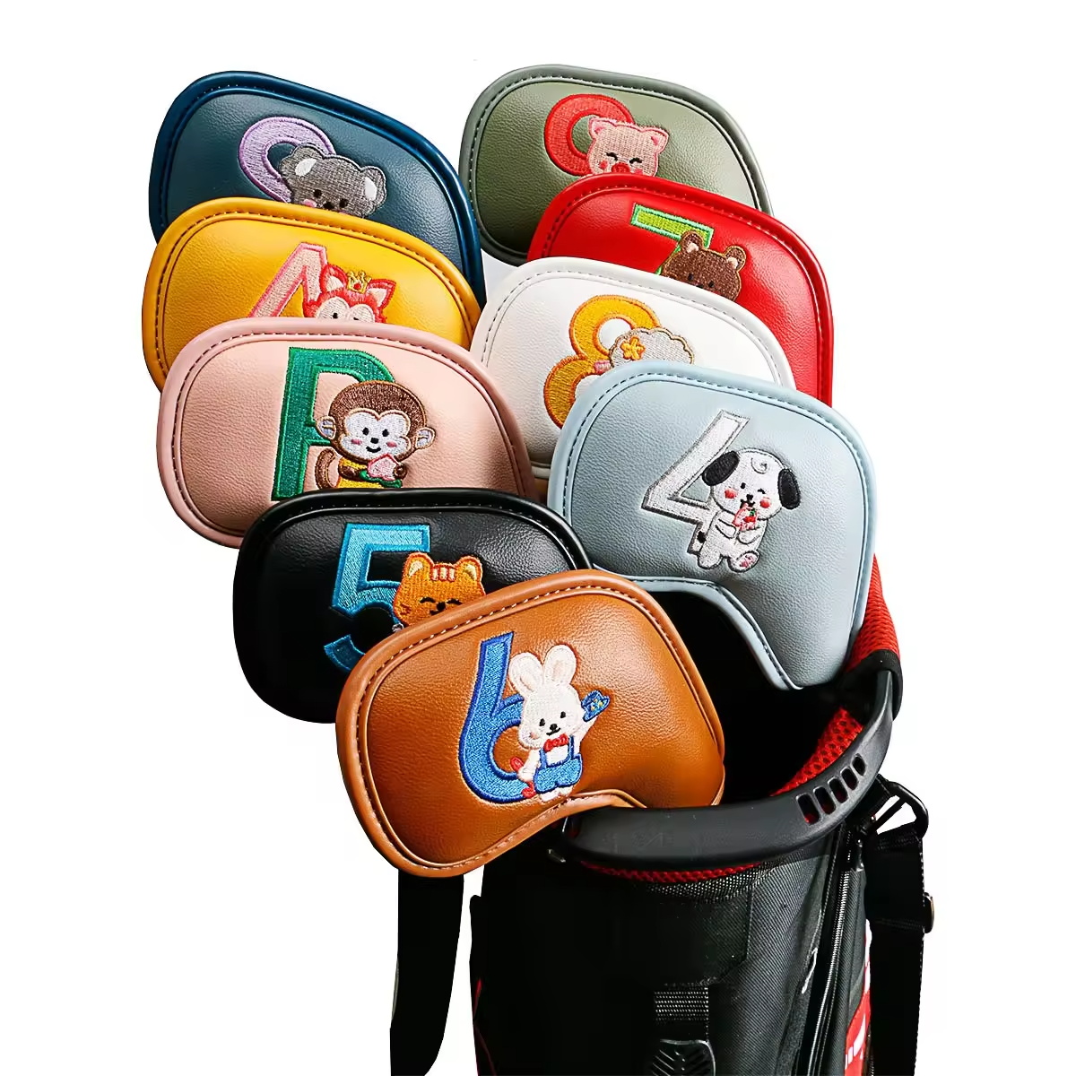 9個入りのかわいい漫画風動物ゴルフアイアンヘッドカバー、PU - Golf Equipment Organizer のレビューと価格